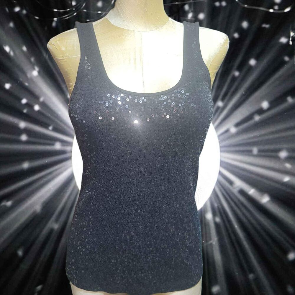 Express Black Sequin Tank Top Scoop Neck Sz M